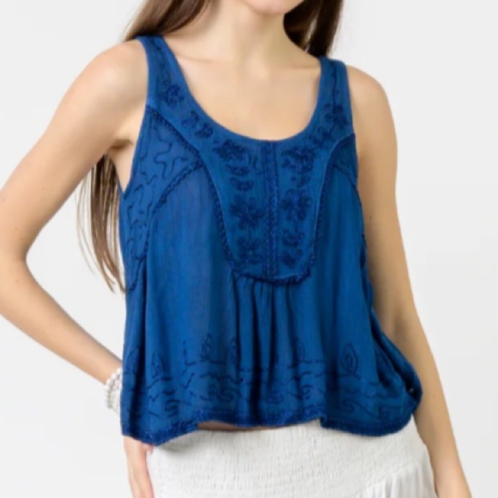 Embroidered Royal Blue Scoop Neck Tank Top